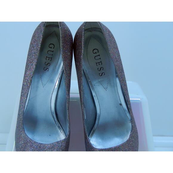 Guess Women's Size 8.5 Silver Multi-color Sparkle Peep Toe Stilleto Heels - Picture 5 of 8
